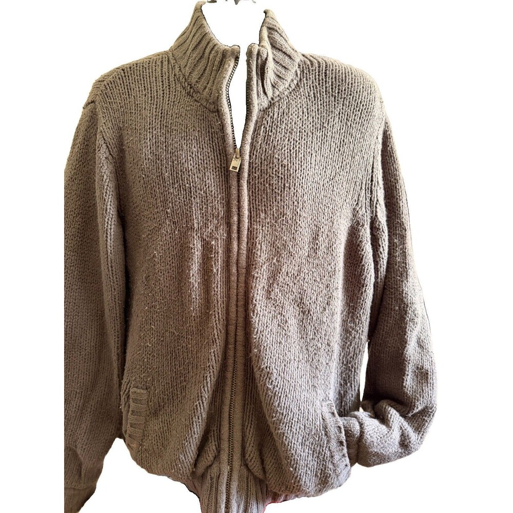 Fossil Mens Large Full Zip Sweater Jacket Brown Fleece Lined Mock Neck Knit